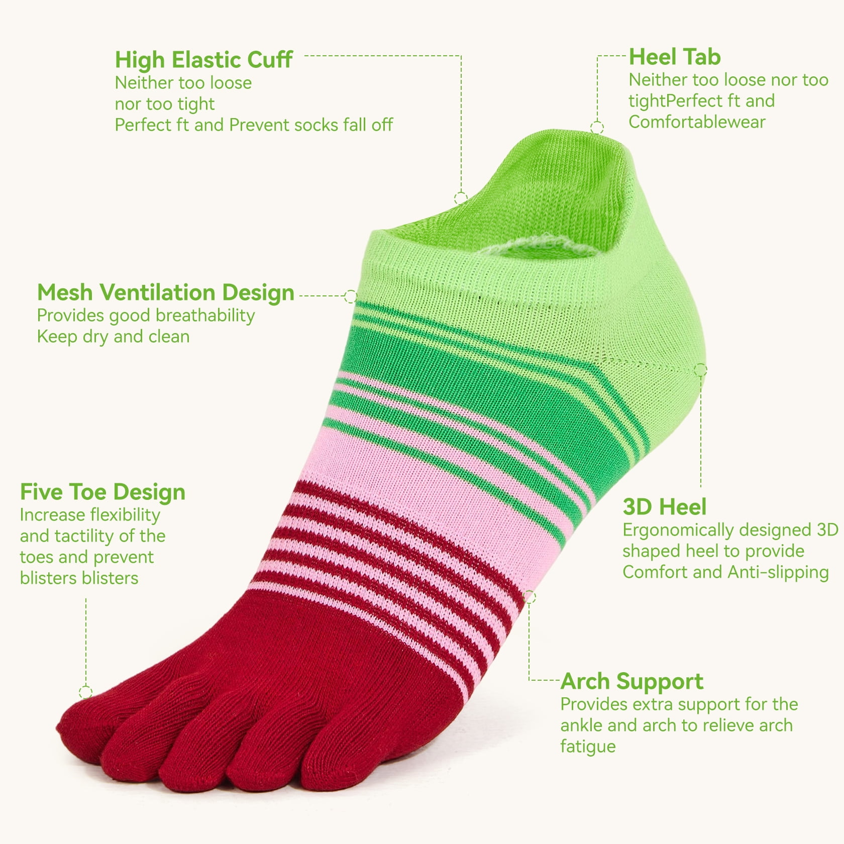 OpetHome Colorful Cotton Toe socks for women men, Ankle five toe socks 6 pairs Large
