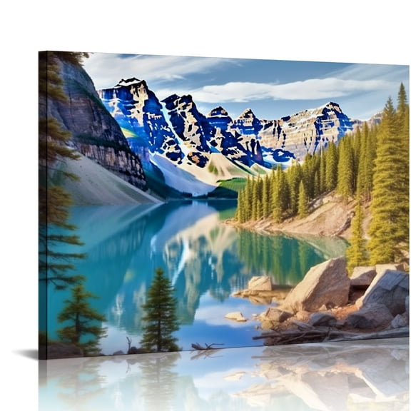 JRXY Moraine Lake Canvas Wall Art Mountain Lake Canvas Landscape Painting Natural Art Works Park Bedroom Living Room Modern Wall Art Home Office Wall Decoration 20x16in