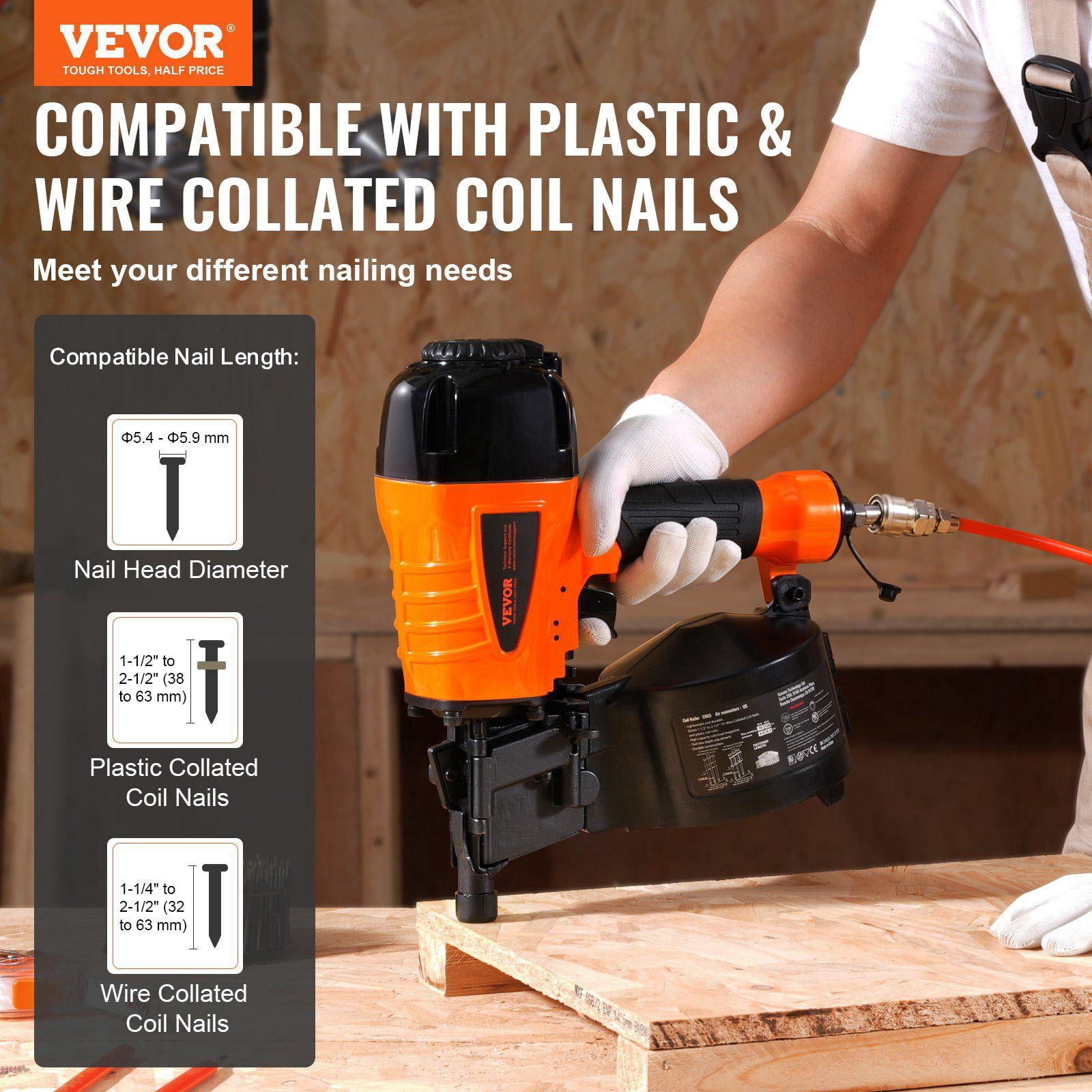 Coil Siding Nailer CN65 15 Degree Pneumatic Nail Gun 1.25 to 2.5 Inch Tool Less Depth Adjustment 70 120 PSI for Siding Pallet Sheathing Wood Fencing Decking