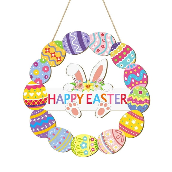 Easter Decoration Door Hanging, 10.6" Wooden Wreath Pendant for Front Porch and Holiday Decor, Seasonal Welcome Sign