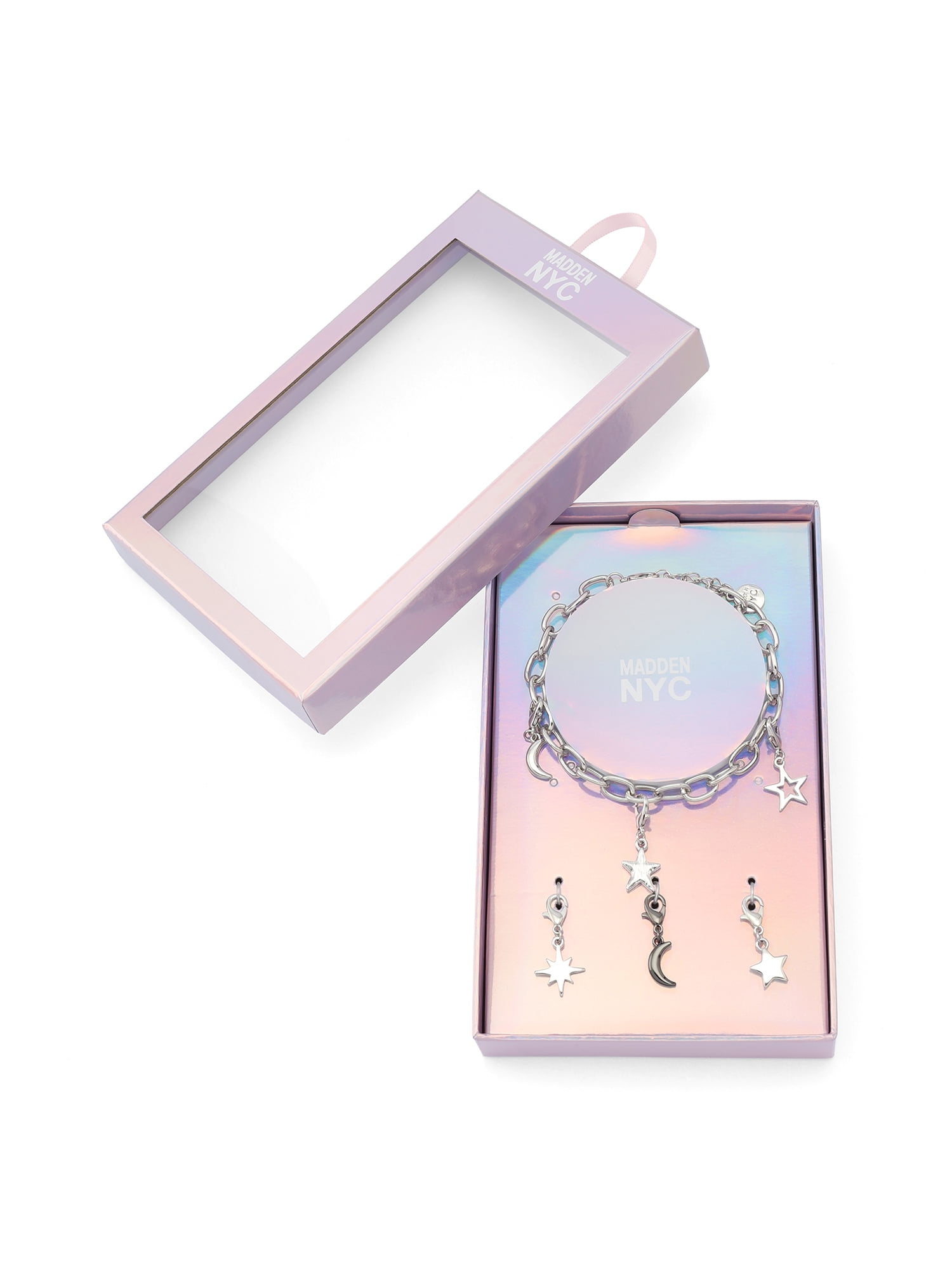 Madden NYC Women's Fashion Rhodium Celestial Star Bracelet & 3-Piece Charm Giftable Boxed Jewelry Set