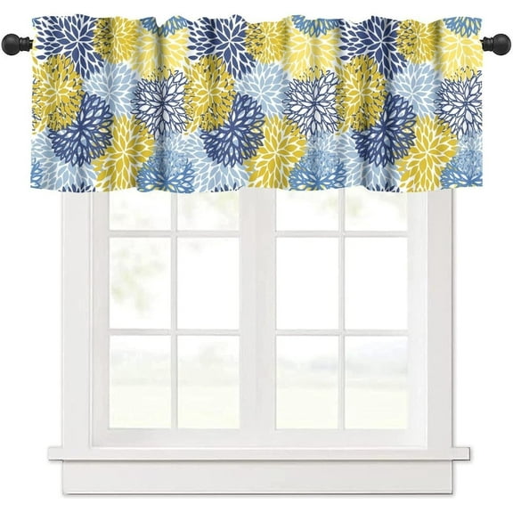 Blue Yellow Floral Valance Curtain Boho Dahlia Chrisanthemum Flowers Pattern Rod Pocket Valance Window Treatments Short Curtains for Kitchen Bathroom Farmhouse 54x18inch