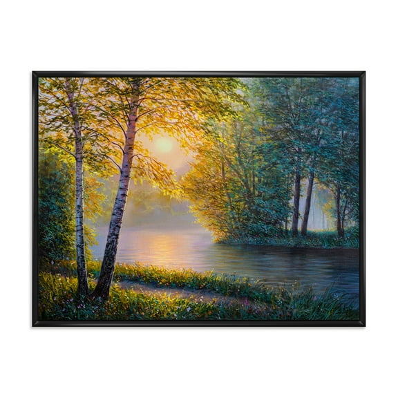 Designart 'Sunrise Summer With Beautiful River Spring Forest' Lake House Framed Canvas Wall Art Print