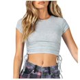 thumbnail image 2 of EGNMCR T Shirts for Women Ladies Color Short-Sleeved Drawstring Cropped Round Neck Casual, 2 of 9