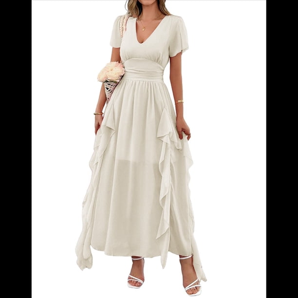 Vestidos Midi Holgados de Verano para Mujer, Informales, con Escote en V, Volantes, Corta, Dobladillo Irregular, Cintura Alta Albaricoque S