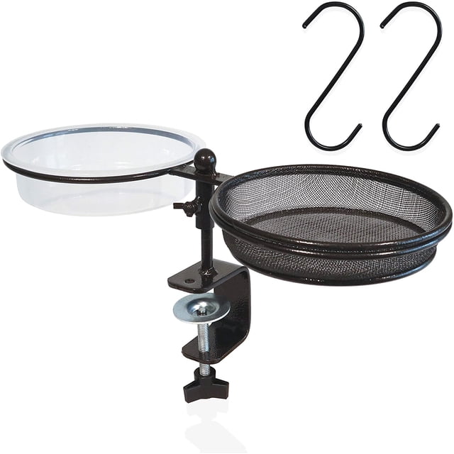 Bain d'Alimentation d'Oiseaux de Terrasse pour Balcon - Rampe Montée avec Plateau à Graines et Bol d'Eau Support de Serrage Réglable pour une Installation Facile en Acier Revêtu de Poudre, avec 2 Crochets Multifonctions
