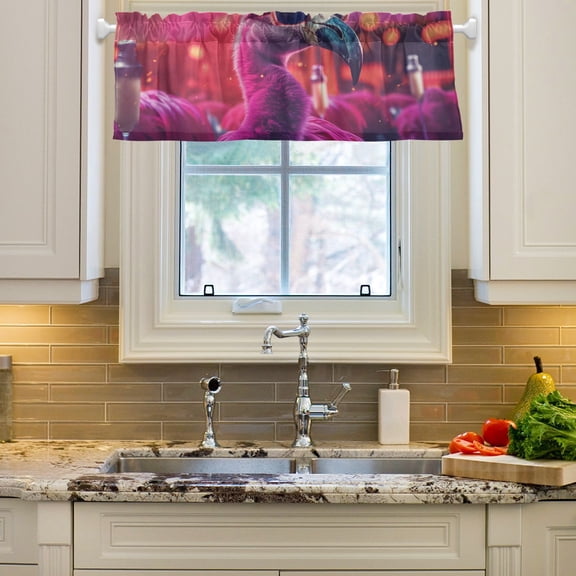 Flamingoes Trees Sunglasses Curtain Valances Farmhouse Design Window Treatment Decor Blackout Rod Pocket for Windows Living Room Kitchen 54" x 18"