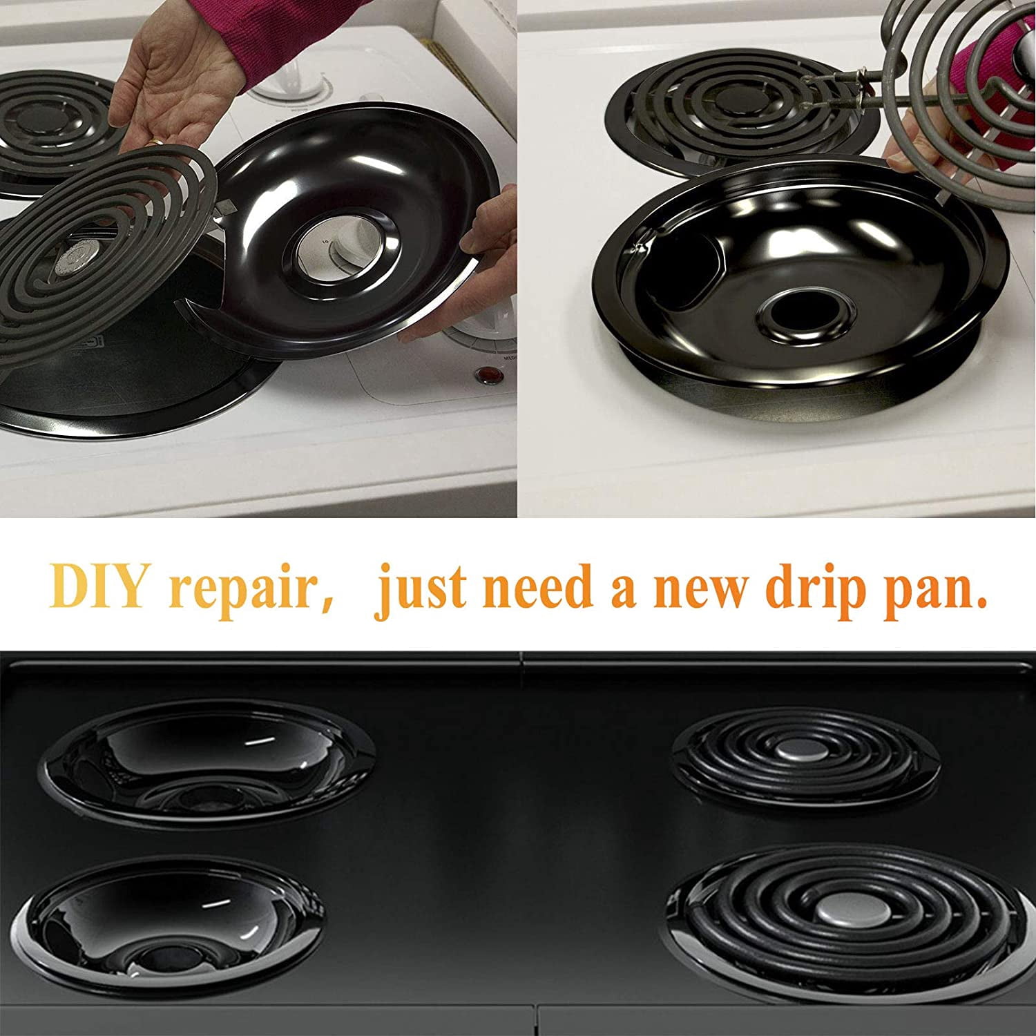 Black Porcelain Drip Pans Set 4-Pack 318067041 & 318067051 Replacement for Frigidaire Electric Range Stove Burner 5304430149, 5304430150 Includes 2 Large 2 Small (6 Inch and 8 Inch)
