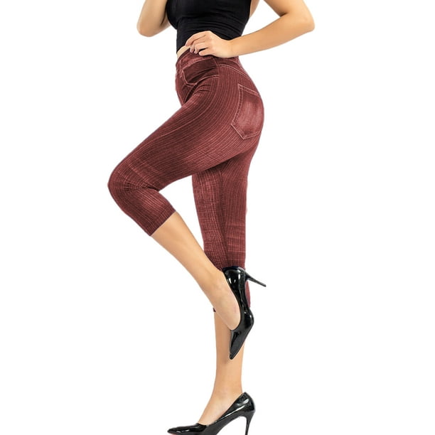Avamo Women Oversized Jeggings High Waisted Capris Elastic Waist Plus Size Capri  Leggings Skinny Bottoms Yoga Workout Pant Wine Red XL 