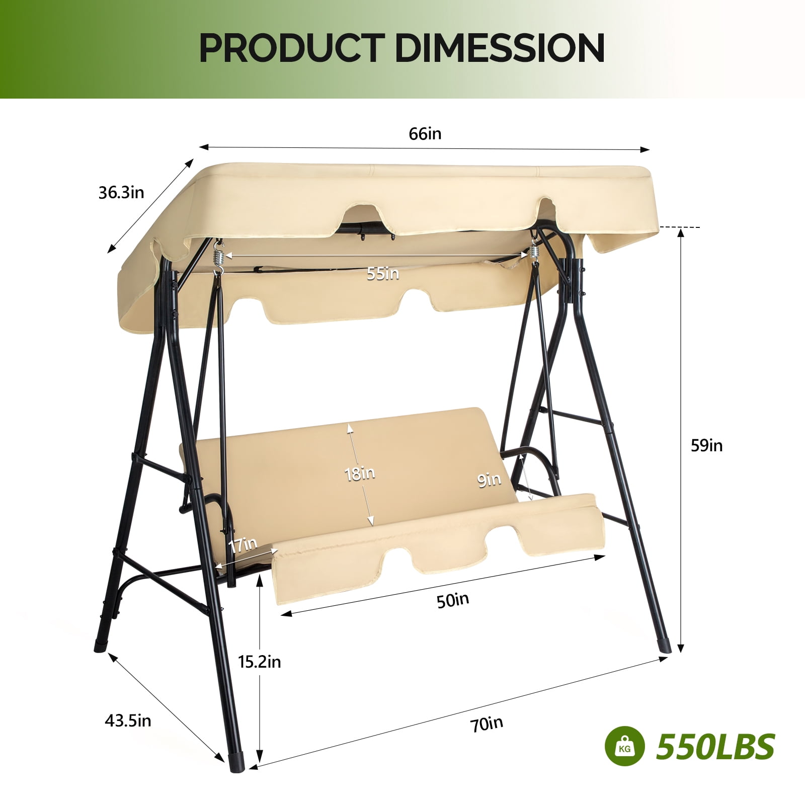 Outdoor Swing Set with Cushion & Sunshade Canopy 250KG Weight Capacity Iron Frame Oxford Cloth Patio Swing for Garden Backyard Balcony