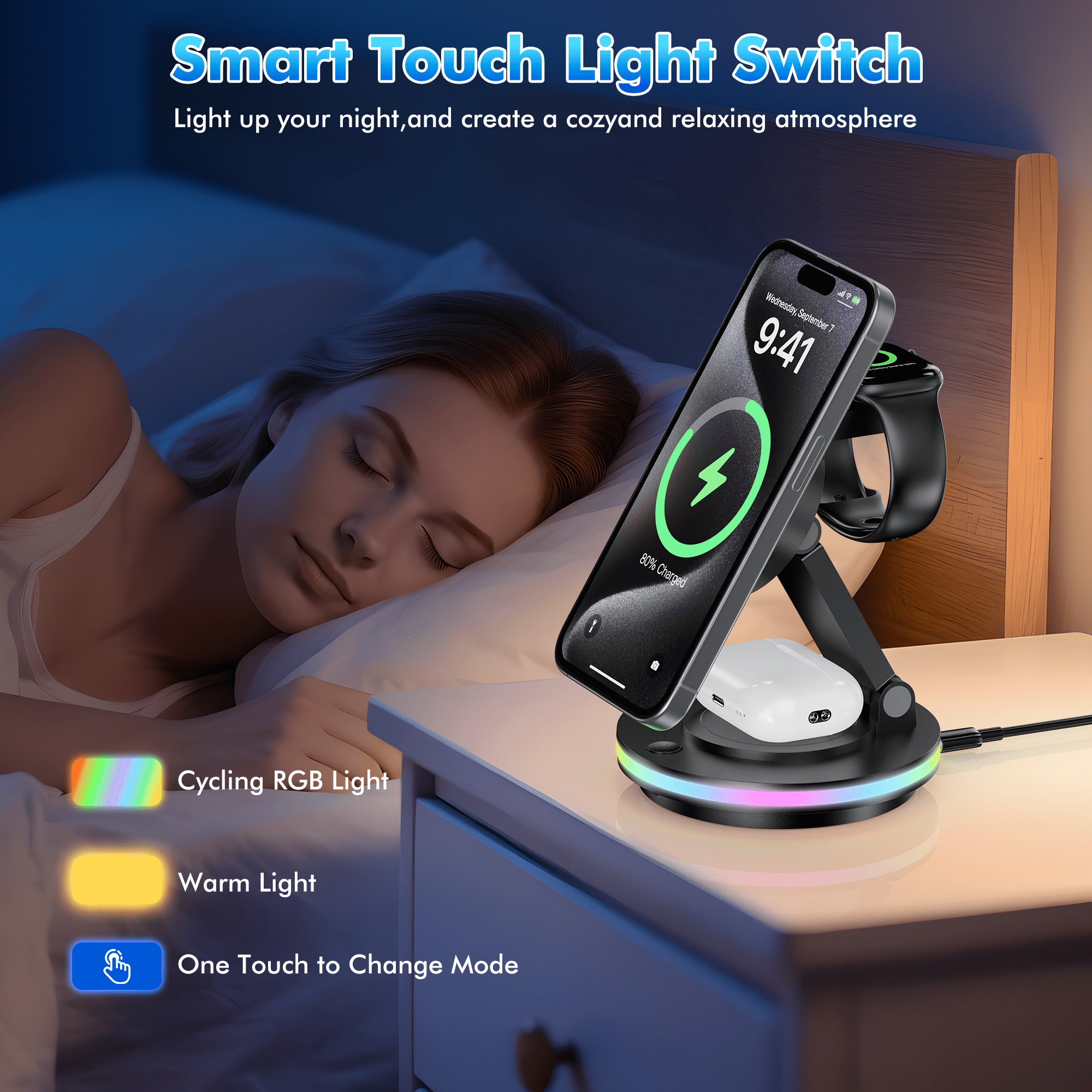 OWNTECH 20W 3-in-1 Wireless Charging Station Compatible with iPhone 16/15/14/Pro/Max, Apple Watch, AirPods Pro/4/3/2 - Fast Charger Pad with Night Light & Adapter Included (Black)