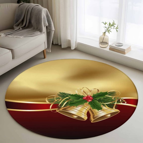 Christmas Round Rug 3ft Washable Circle Entryway Rugs Non Slip Xmas Bells Berry Botanical Golden Red Area Rug Indoor Floor Carpet for Bedroom Kitchen Living Room Home Office Dining Room Nursery