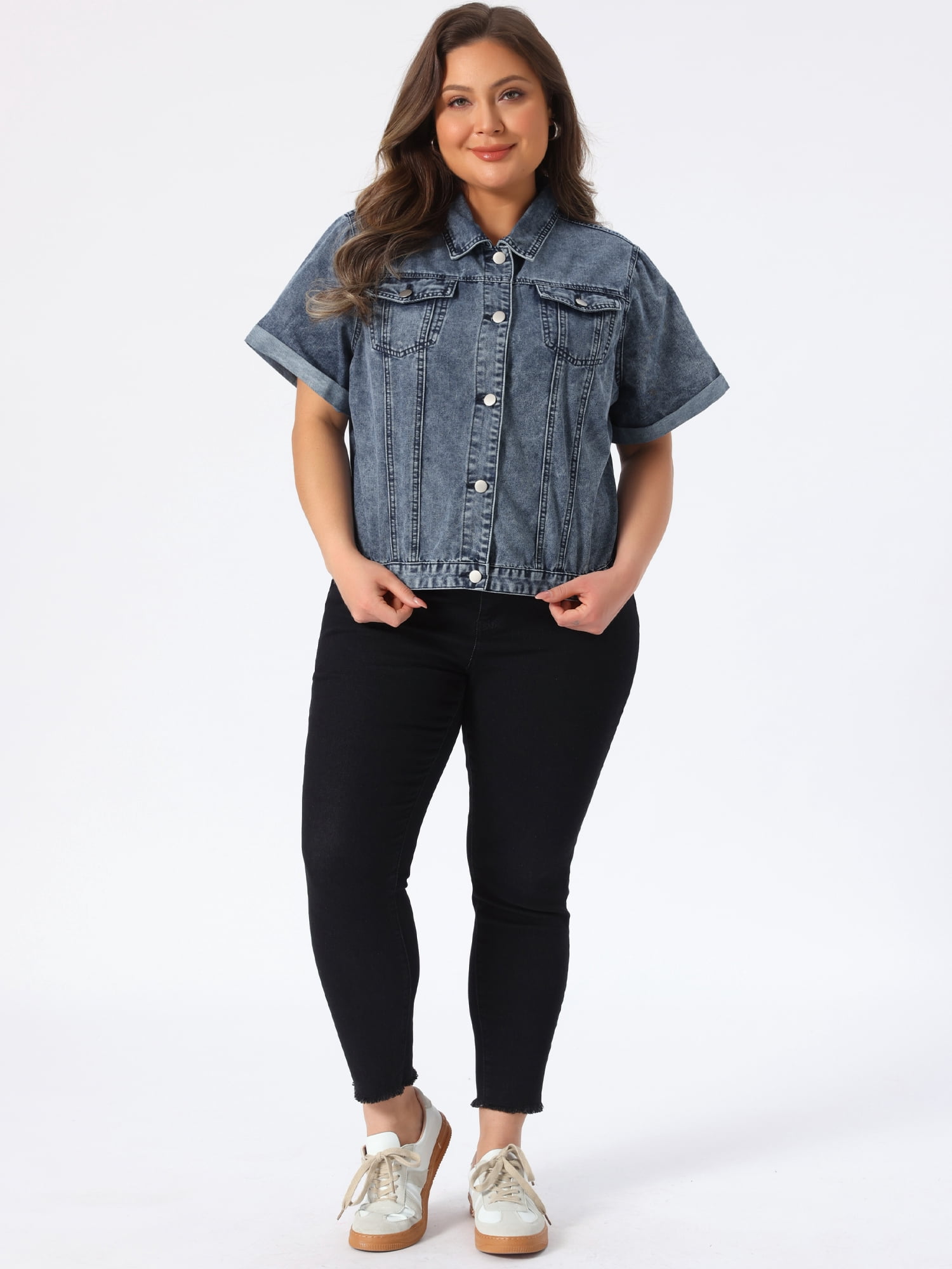 DARING DIVA Women's Plus Size Short Sleeve Lapel Button Denim Jacket 3X Grey Blue