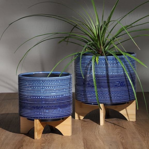 Cylindrical Dotted Flower Pots with Bamboo Stand for Home Decor - Planter for Indoor and Outdoor Plants - Decorative Plant Pots Ceramic Planter for Garden Style Spaces - 11", Blue