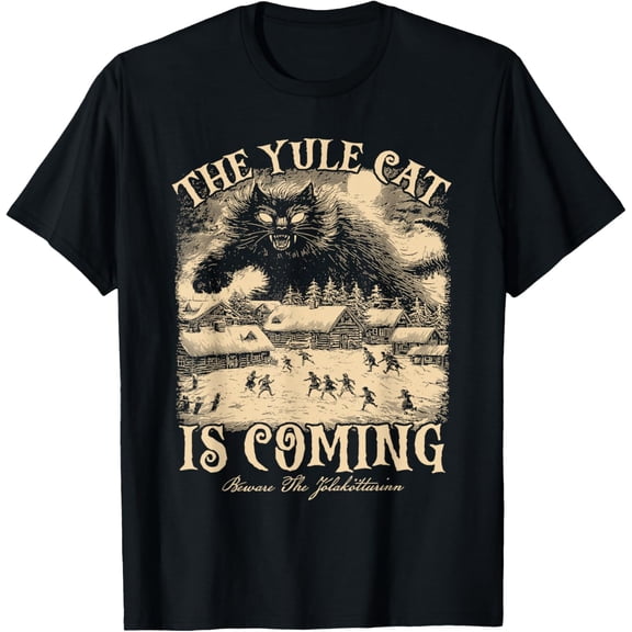 Creepmas Vintage The Yule Cat is Coming Dark Christmas T-Shirt- American fashion hot selling casual retro high quality 100% cotton T-shirt 1 piece