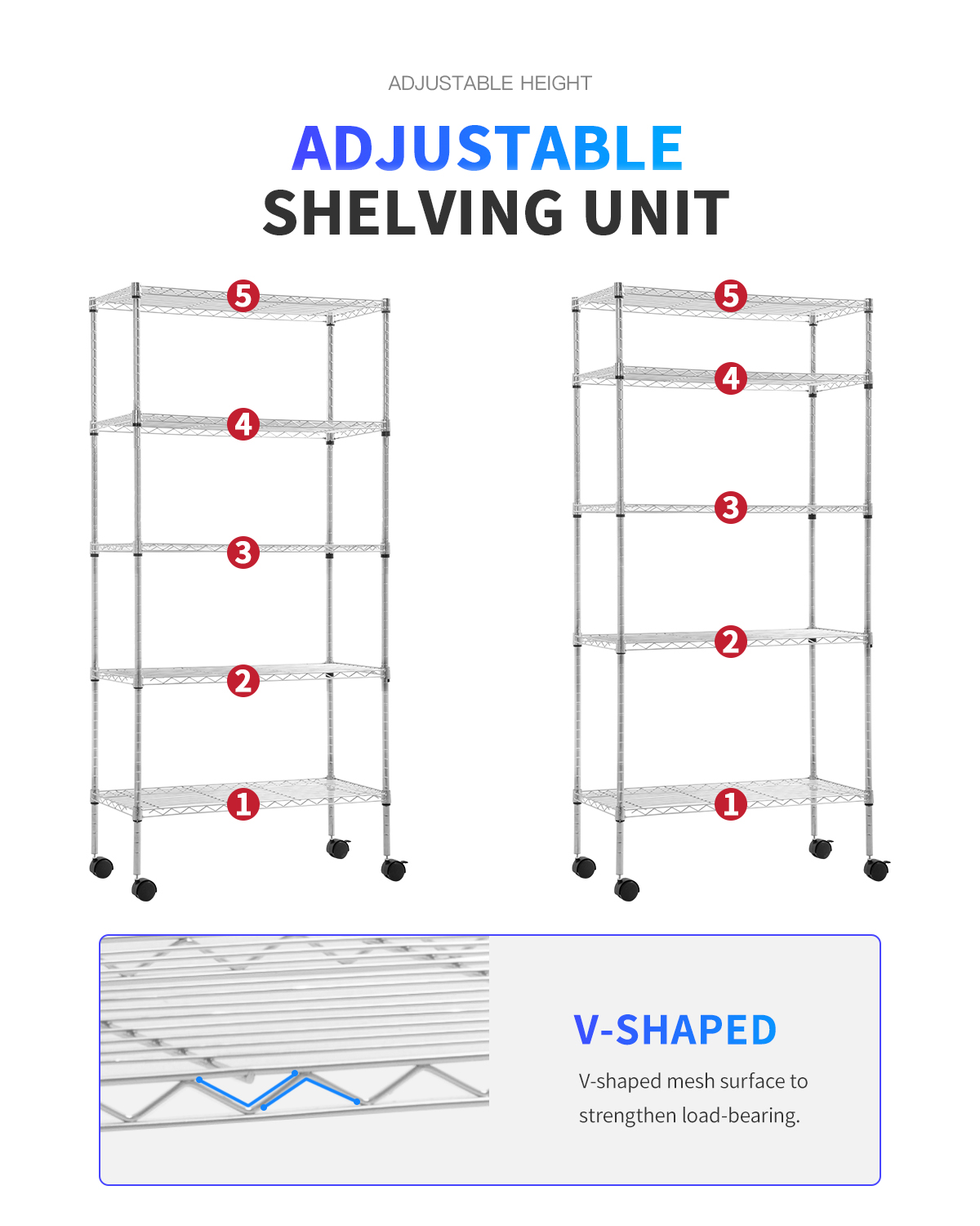 BestOffice 5-Tier Adjustable Wire Shelving Unit, Chrome photo 4