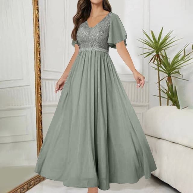 Gspmoly Robe pour Femmes, Robe d'Été Unie à Manches Courtes et Col en V pour Femmes, Robes de Cocktail pour Femmes, Cadeaux de Vacances