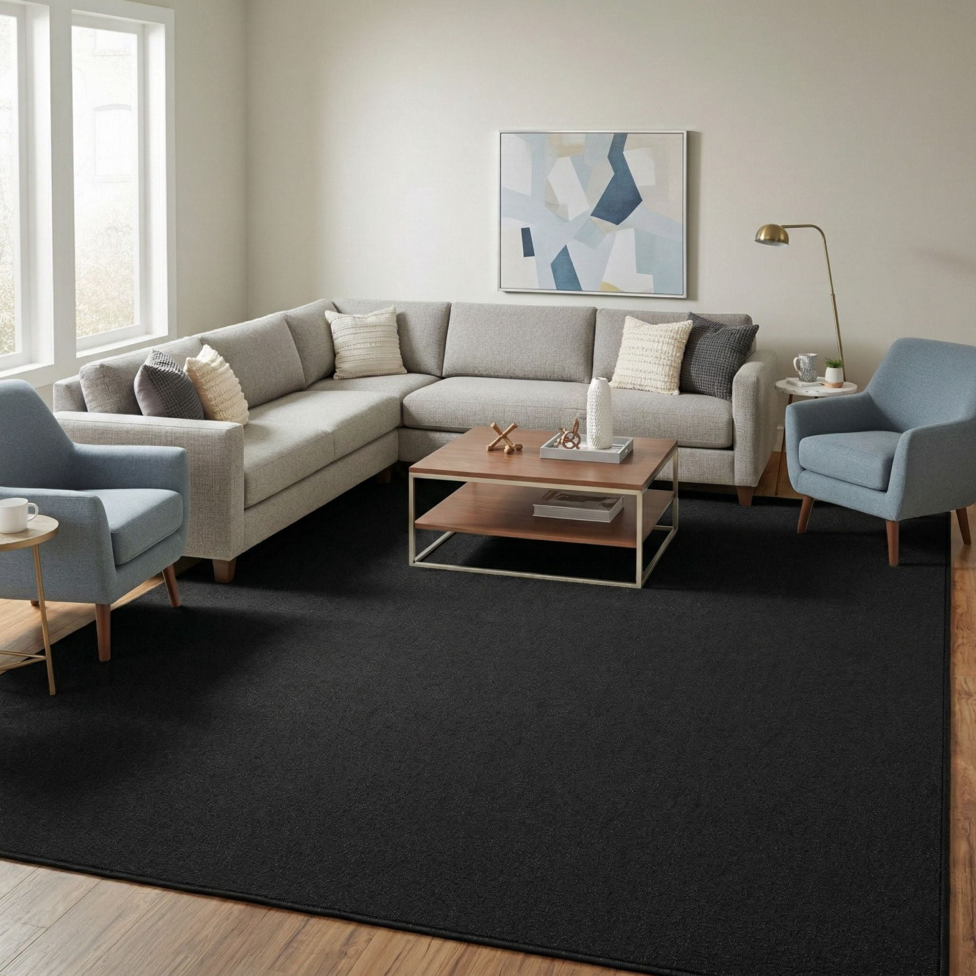 Ottomanson Area Rug Non-Slip Low Pile Stain Resistant Carpet, Solid Black, 7'10" x 13'