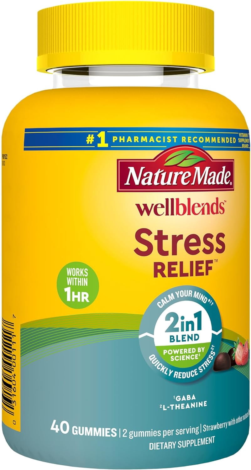 Nature Made Wellblends Stress Relief Gummies, L-theanine to help reduce stress, with GABA, Same Day Stress Support, 40 Strawberry Flavor Gummies