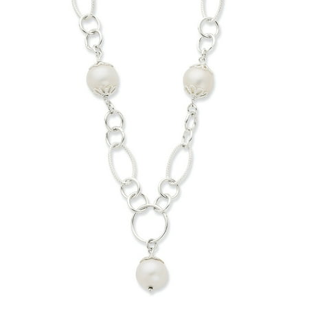 - Sterling Silver & Simulated Pearl Fancy Polished Drop Necklace. 18in long.