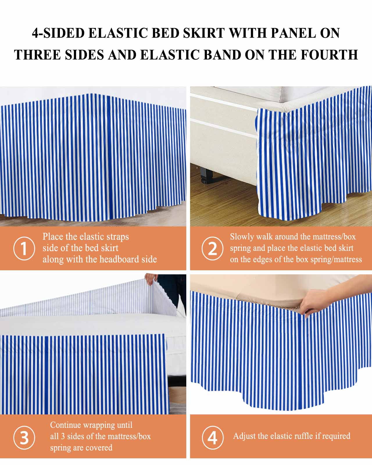 Navy Blue Stripe Wrap Around Bed Skirts for Queen Bed 16" Drop,Bed Skirt with Adjustable Elastic Belt Dust Ruffle Bed Valance for Bedroom Hotel Modern White Vertical Striped Geometric Bed Frame Cover
