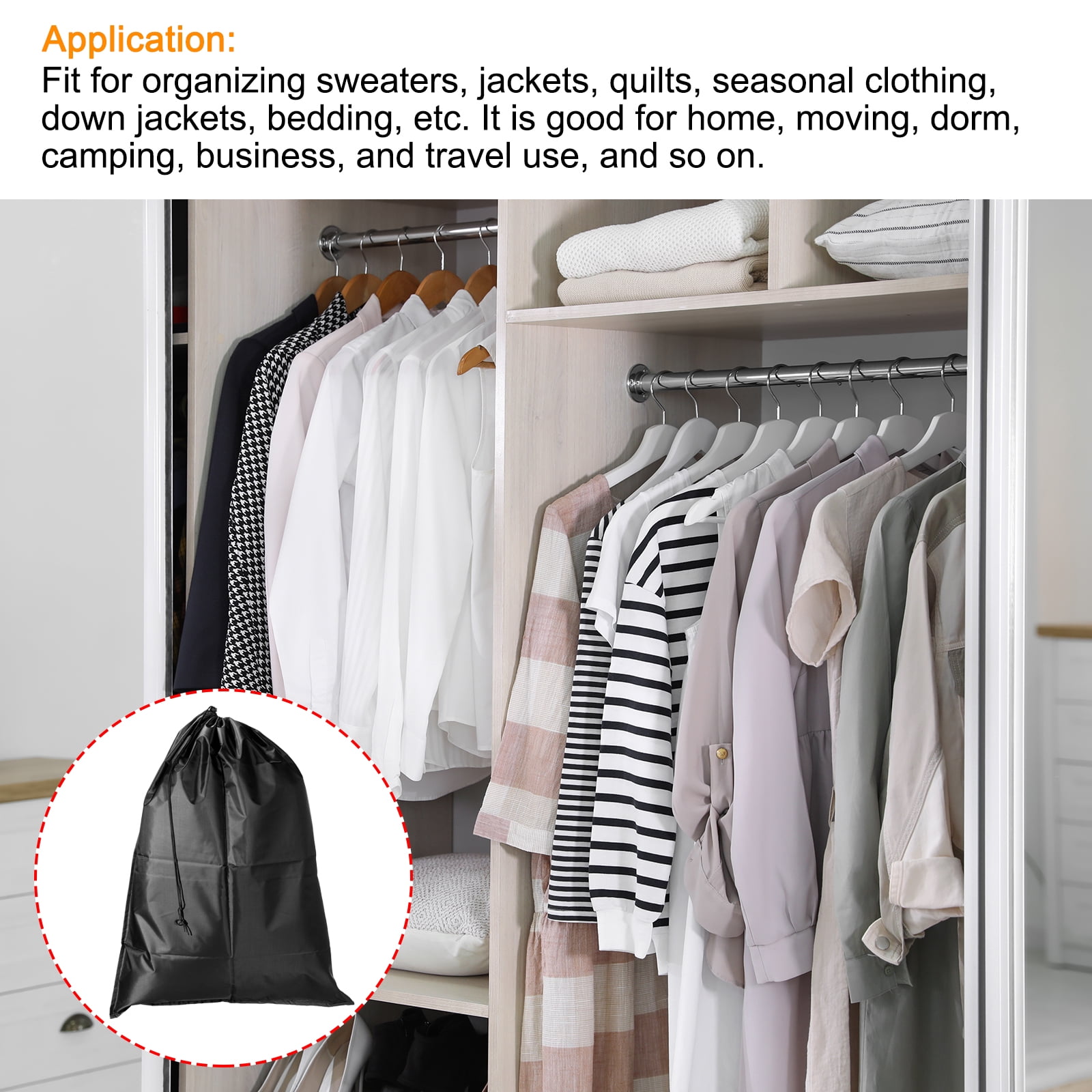 Unique Bargains Clothes Storage Drawstring Bag for Camping Travel Black 19.69"x27.56"
