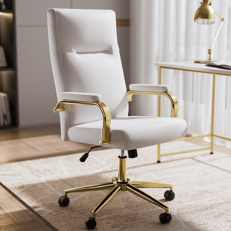 HomeZeer White and Gold Office Chair, Swivel High Back Executive