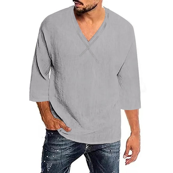 Bibifish Mens T-Shirts Solid Deep V Neck Loose Tee Tops Three Quarter Sleeve Breathable Daily Casual Tshirts