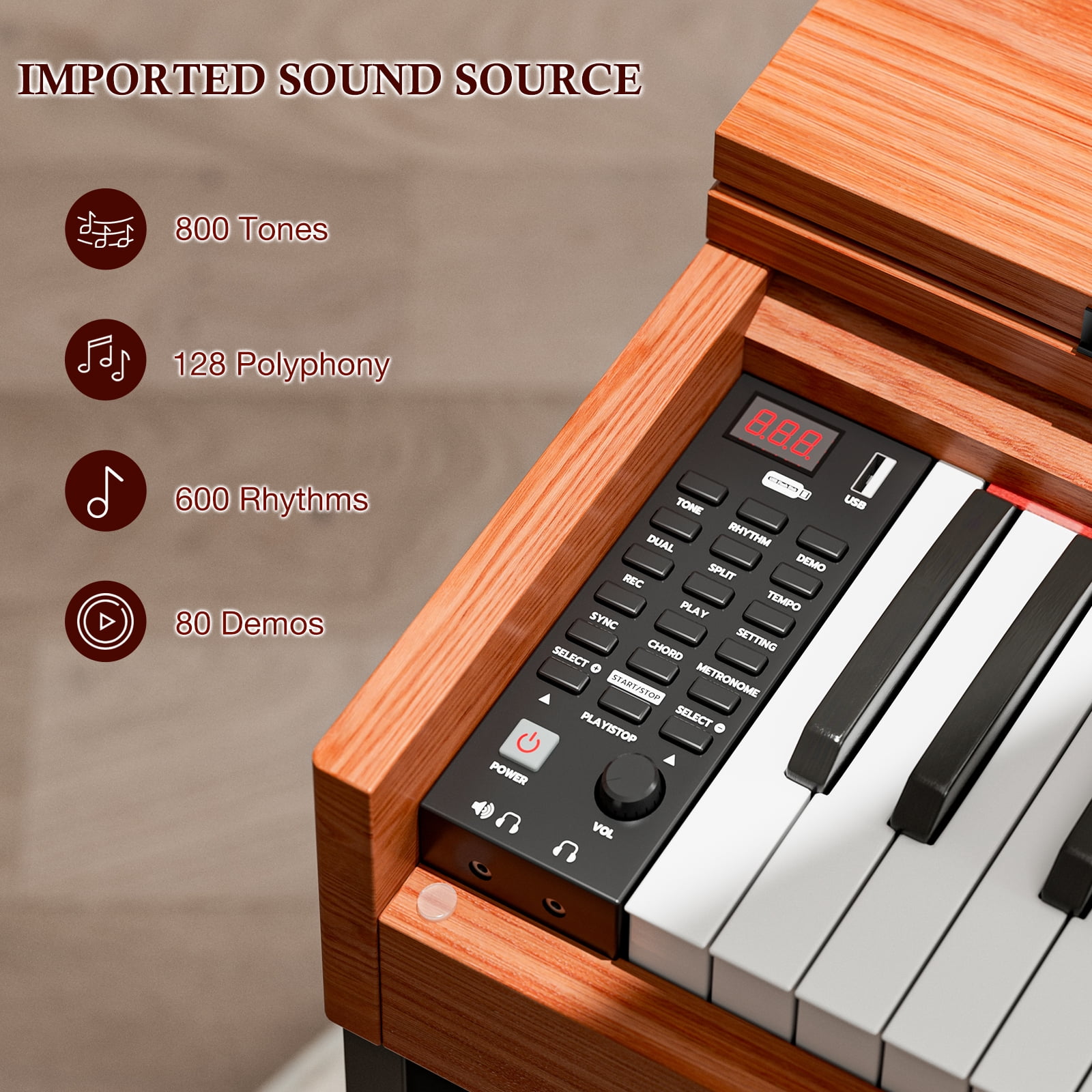 UMOMO  88 Key Digital Piano Keyboard, Full Size Electric Piano with Piano Metal Stand, Headphone Jack, 3 Pedal, Electronic Piano for Beginner, Adults, Brown