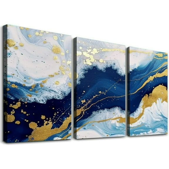 JRXY Modern Marble Texture Canvas Wall Art Abstract Gold and Blue Color Print Artwork for Home Office Dining Room Kitchen Wall Decor,3 pcs 12x16x3pcs