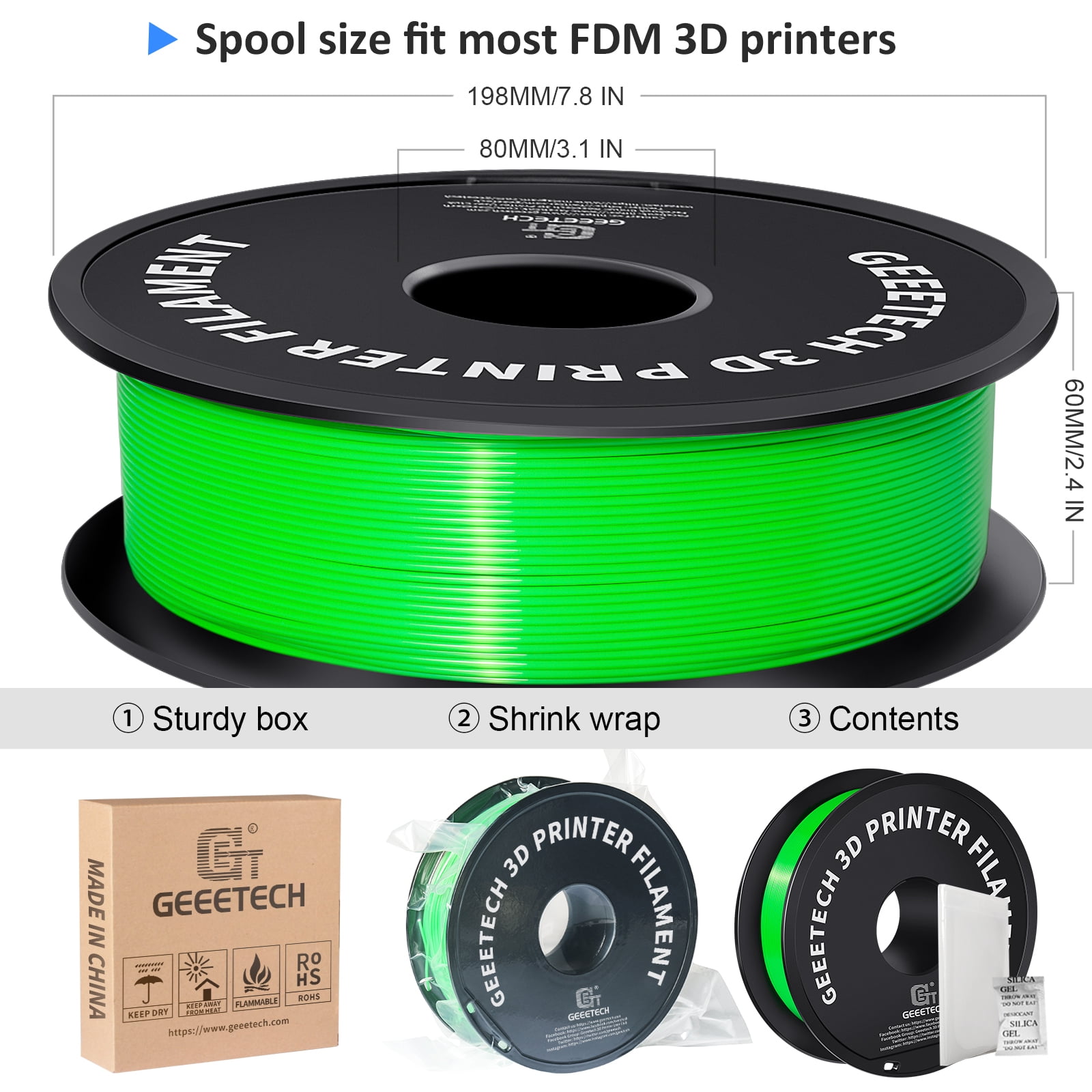 Geeetech 5pcs Green 1.75mmPLA 3D Printer Filament , Dimensional Accuracy +/-0.03mm, 5kg (11lbs) , 1080 Feet （330m）per Roll, Fit for Most 3D FDM Printer