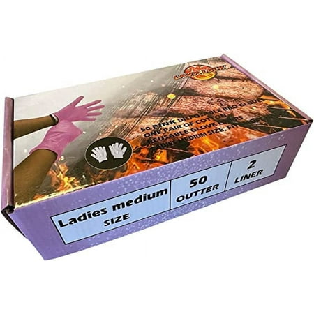 50 Ct Pink Disposable Nitrile BBQ Gloves with 2 Cotton Liners for Outdoor Cooking Grilling Smokers and Barbecue Competition, Chef or Kitchen use 50 outers / 2 Inners Gloves