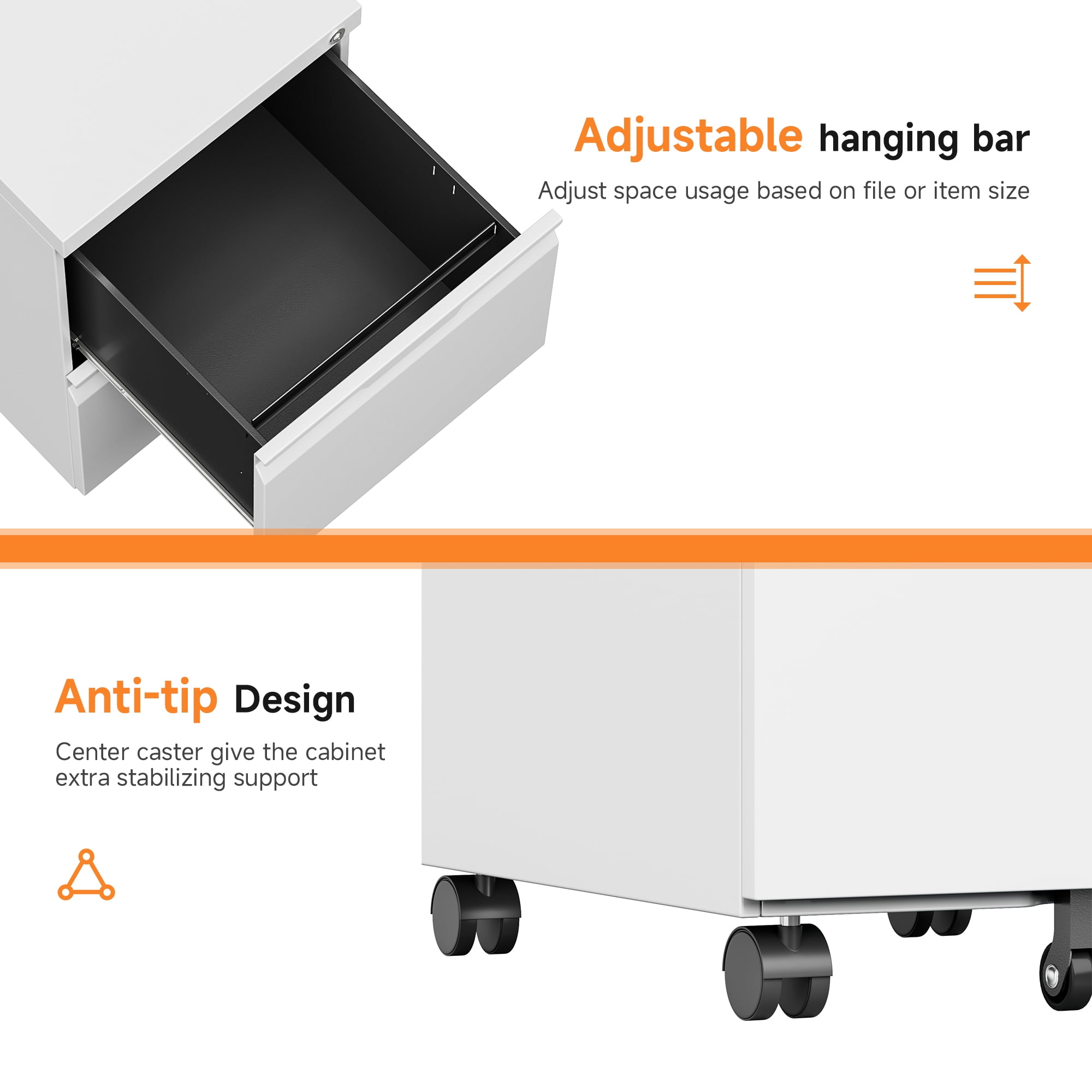 Topass 2 Drawer Mobile File Cabinet, Under Desk Metal Storage Cabinet with Lock, Office Filing Cabinet for A4/F4/Letter (White)