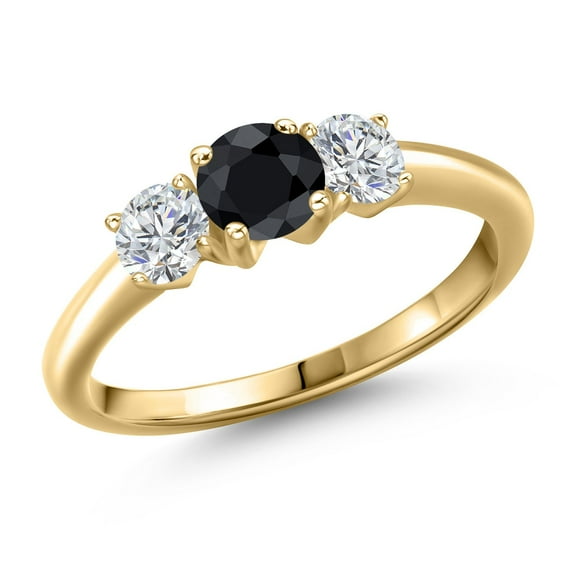 Gem Stone King 10K Yellow Gold Black Sapphire and Lab Grown Diamond Engagement Ring for Women | 1.23 Cttw | Round 5MM | Gemstone September Birthstone | Size 7
