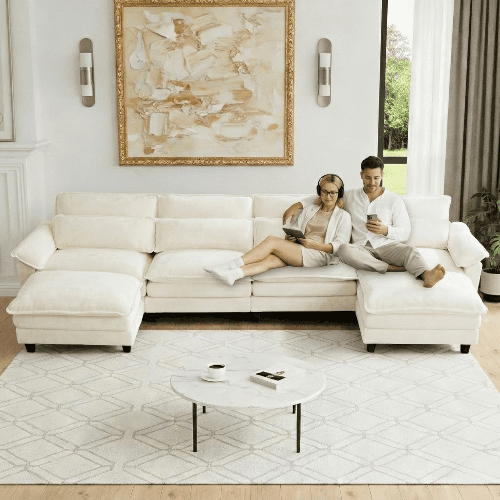 Howcool 148" Modular Sectional Sofa , 4 Seater U-Shaped Cloud Couch with Movable Ottoman, USB Charging Ports & Side Pockets, Sectional couchs for Living Room,Chenille Fabric,Beige(Thick Sponge)