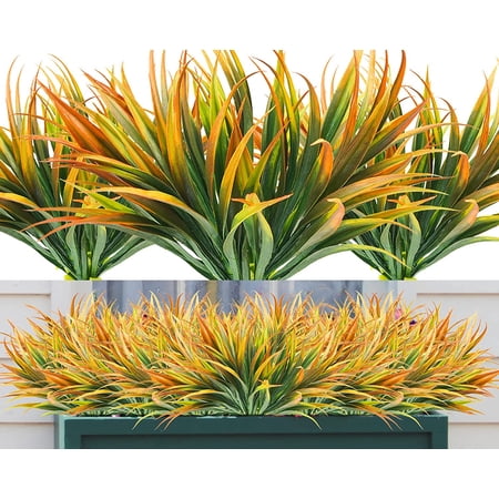 Sinhoon Artificial Fake Grass 8PCS Outdoor Faux Grasses Plastic Plants Greenery UV Resistant for Outside Home Windowbox Garden Office Patio Hanging Planter Front Porch Fall Décor (Yellow)