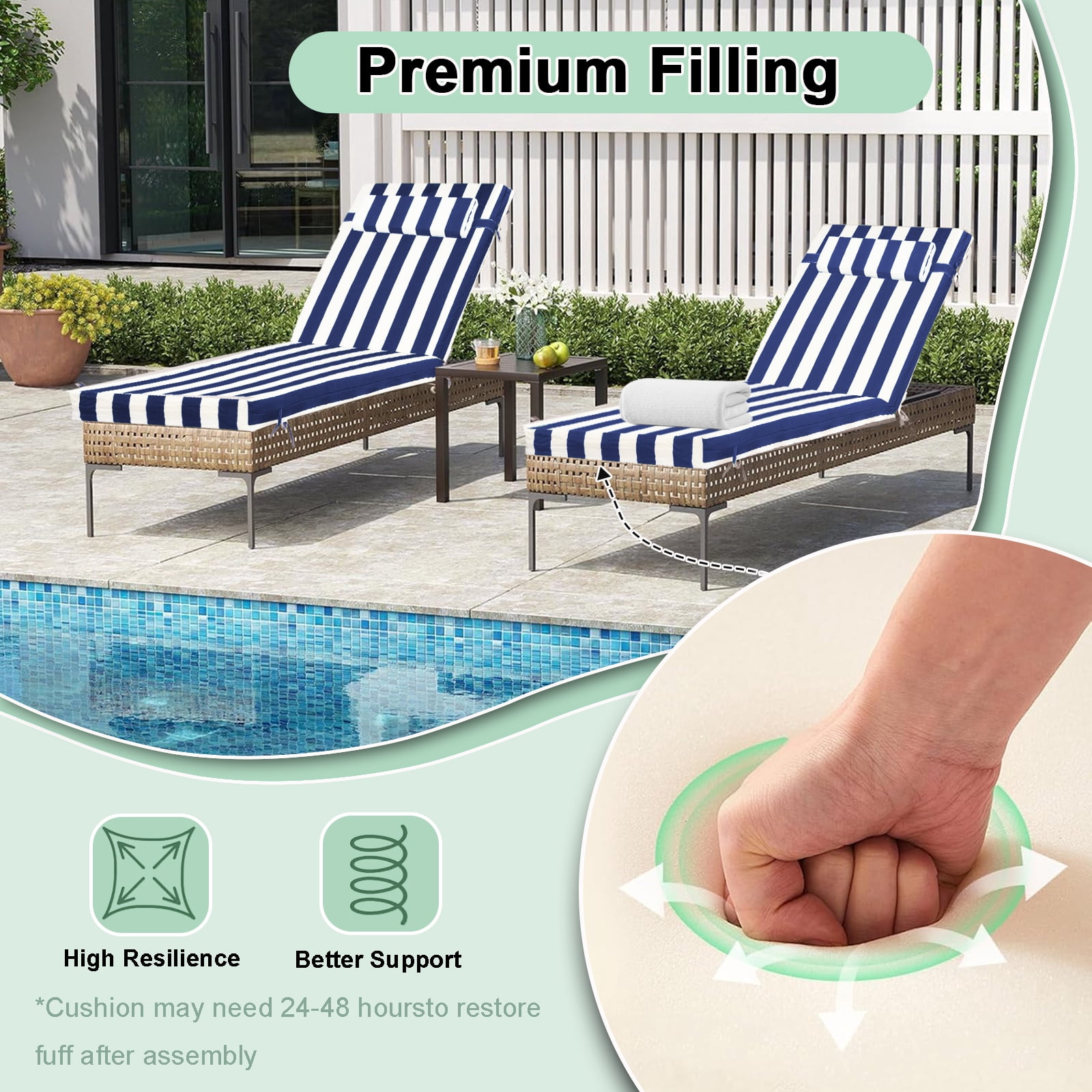 DTTRA Chaise Lounge Cushions Outdoor, 80 x 26 x 3 Inch, Waterproof Lounge Chair Cushion for Outdoor Furniture, Patio Lounger Pads with Removable Cover Ties Pillow for Pool, Garden Loungers