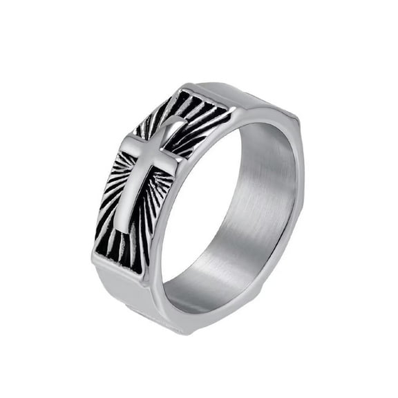 PAMTIER Unisex Stainless Steel Punk Hip Hop 8mm Prayer Church Sideways Cross Signet Amulet Crucifix Ring Silver Size 13