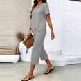 thumbnail image 5 of Costeam Womens Linen Textured 2 Piece Casual Outfits Crew Neck Short Sleeve Top Elastic Waist Capri Pants with Side Pockets Solid Color Loose Fit Lightweight Summer Daily Co Ord Set, 5 of 6