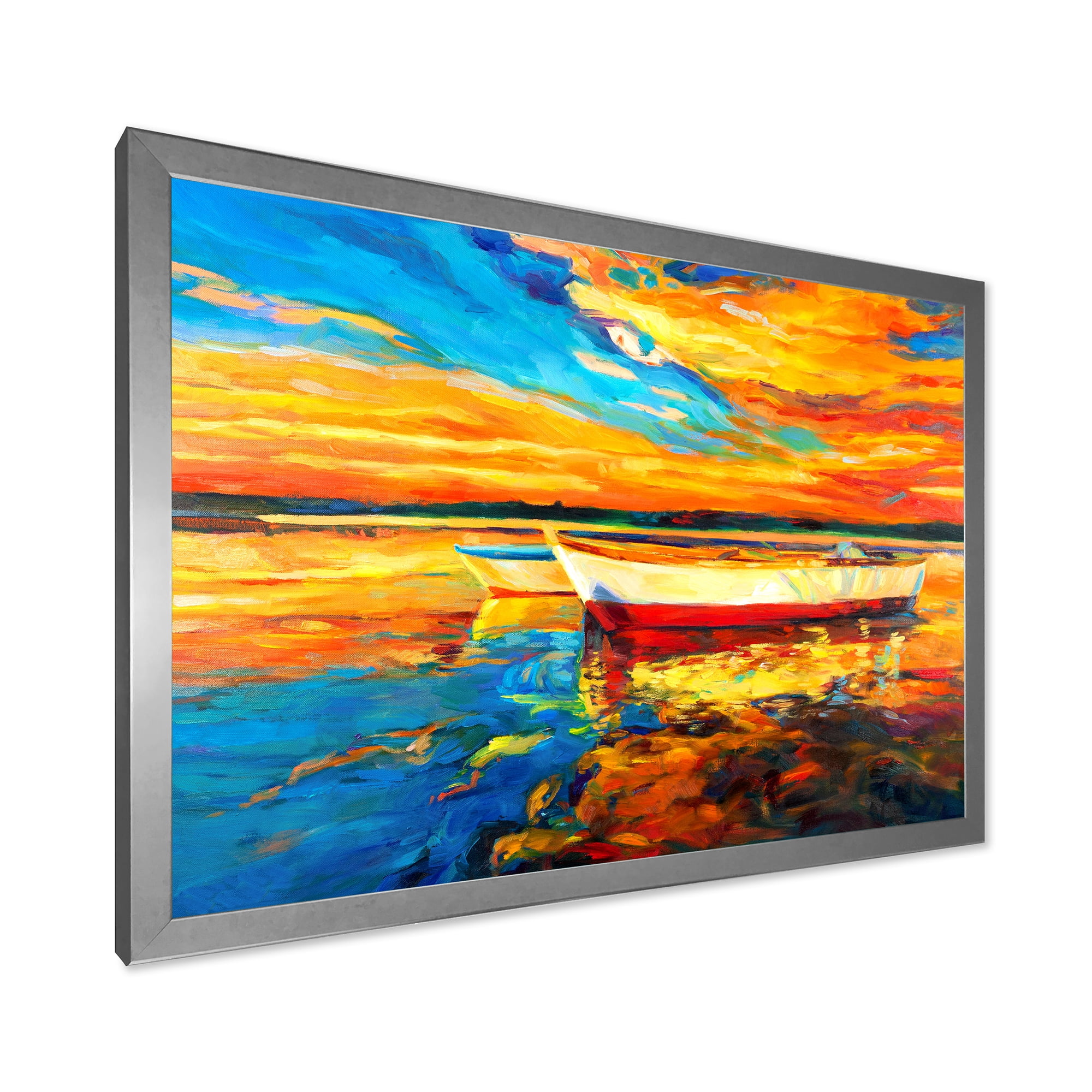 Designart 'Red and White Boats By The Pier At A VIbrant Sunset' Nautical & Coastal Framed Art Print