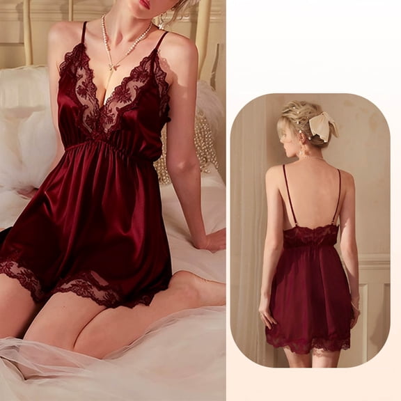 Women's Silk Nightgown Satin Sleepwear V Neck Chemise Nightwear Mini Slip Dress Wine Free Size