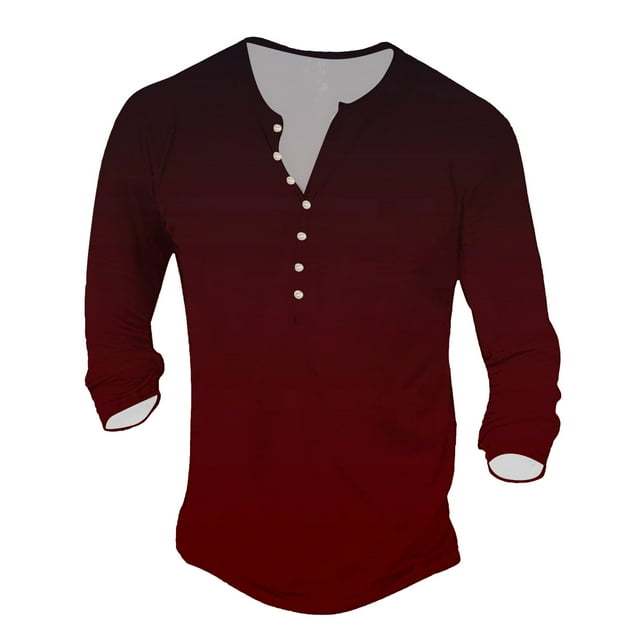 HBFAGFB Long Sleeve Work Shirts for Men Leisure Fashion Gradient Printed Pullover Tops Wine Size M