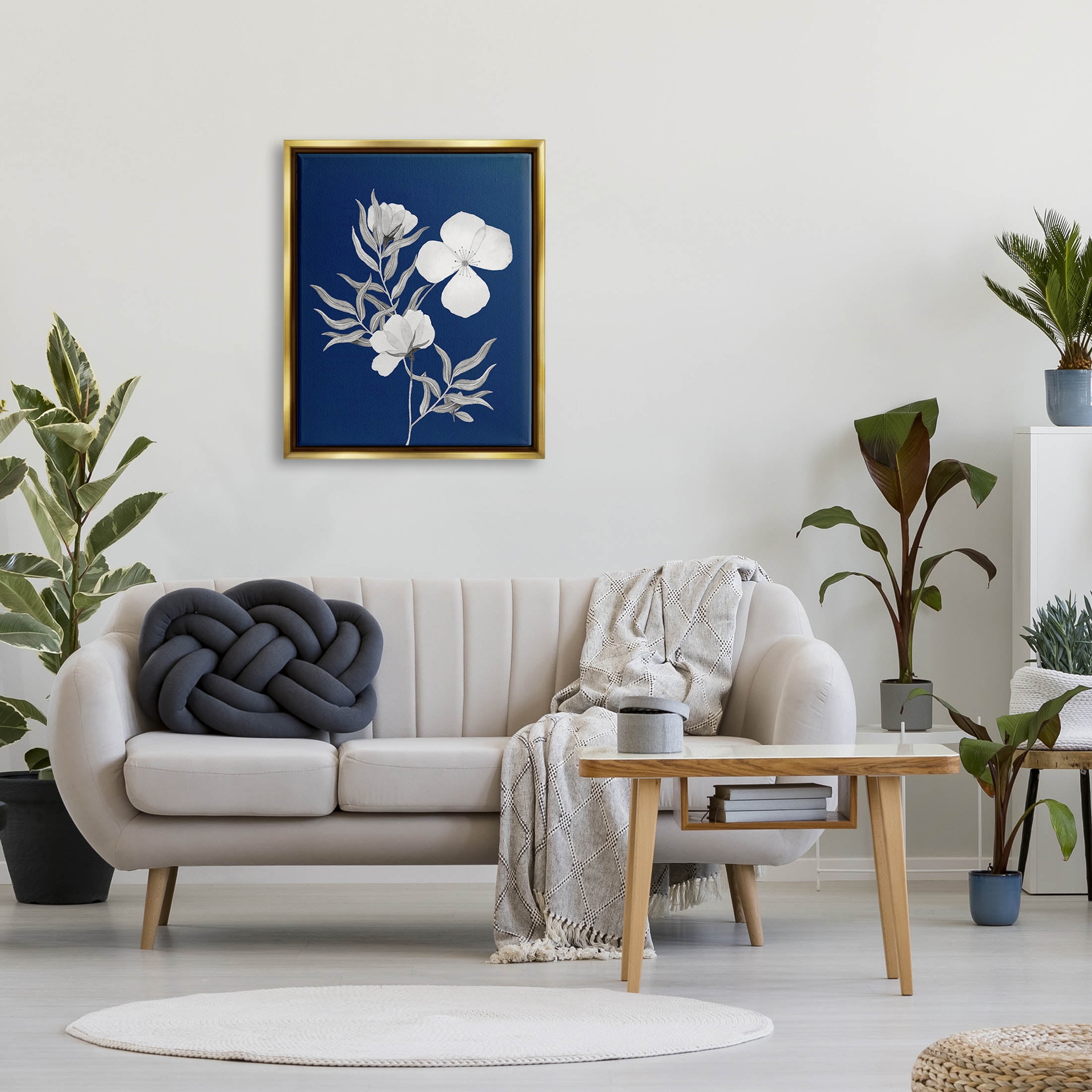 Stupell Industries Bold Floral Sprig Leaves Graphic Art Metallic Gold Floating Framed Canvas Print Wall Art, Design by Kourtni Gunn
