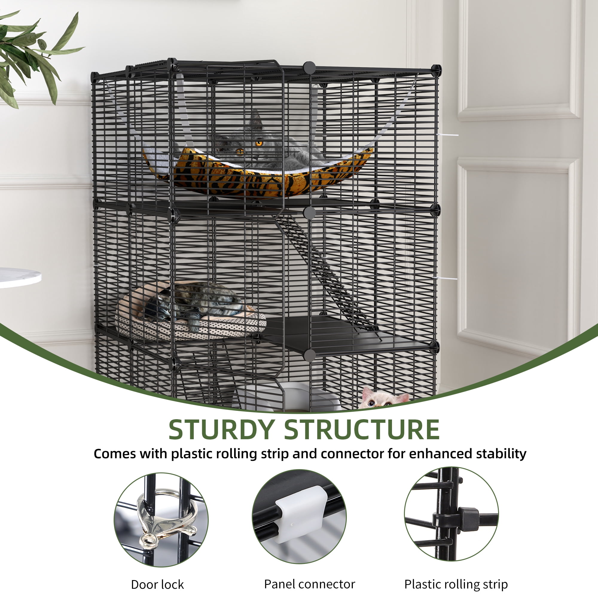 Uforic 41" Large 3-Tier Cat Cage with Extra Large Hammock - Indoor Pet Playpen for 1-2 Cats, Black