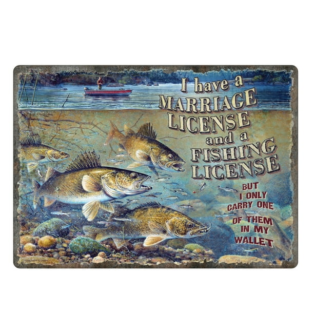 Rivers Edge Products Tin Sign Marriage and Fishing License, Size 12" x