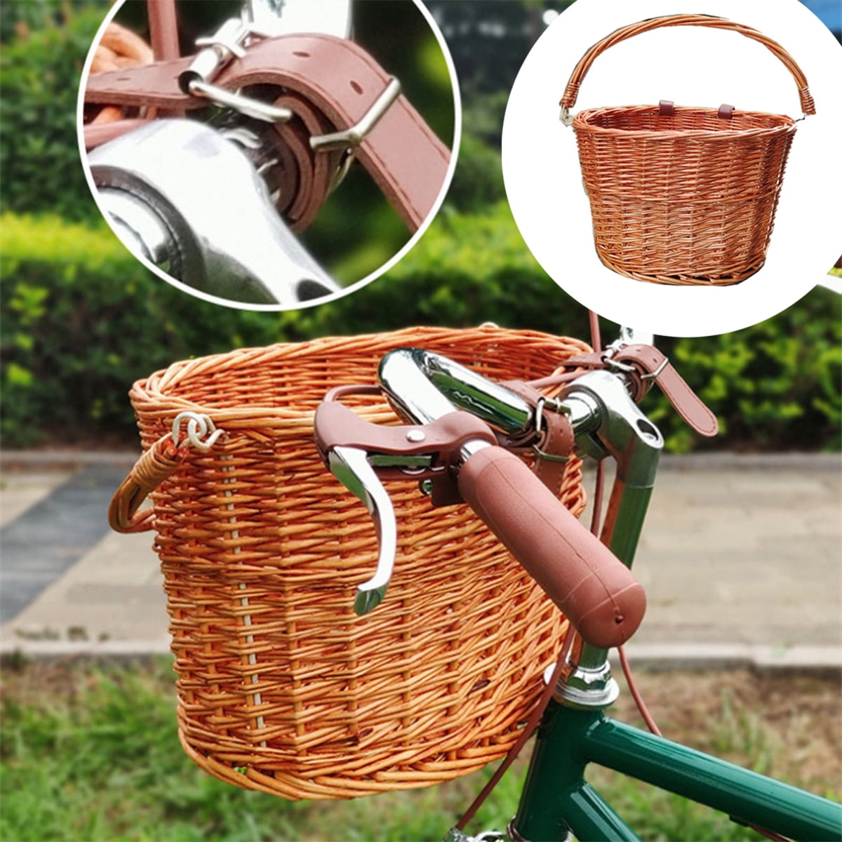 Waterproof Retro Hand-Woven Wicker Bicycle Storage Basket with Leather Straps Bicycle Pet Carrier Accessory weemoment Front Handlebar Bike Basket Black Waterproof Retro Hand-Woven Wicker Bicycle Storage Basket with Leather Straps Bicycle Pet Carrier Accessory weemoment Front Handlebar Bike Basket Black