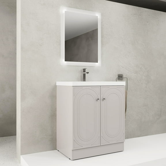 Freestanding Bathroom Sink Cabinet 30". Resin Sink. 2 Soft-close Doors. Interior Shelf. Metal Handles. Plywood. Khaki Glowing Modern White Door Units. Spacious Interior.