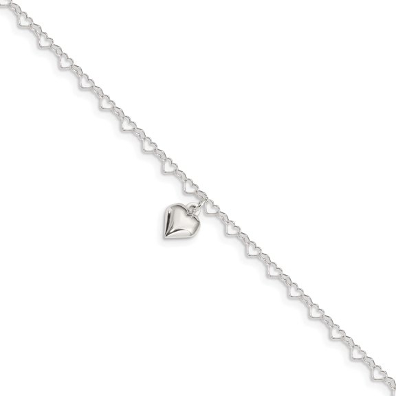 Sterling Silver Polished Fancy Link Puffed Heart 9 In Plus 1In Ext. Anklet Made India qg2794-9