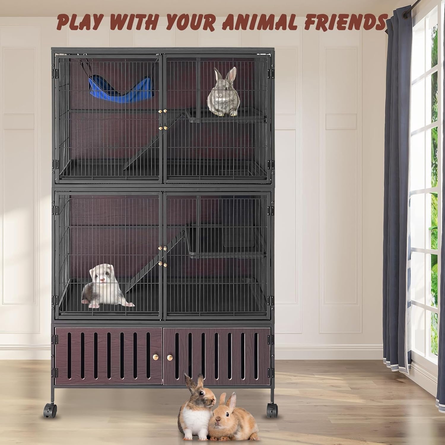 Metal Ferret Cage 36.5"x23"x60" 3-Level Rolling Chinchilla Cage, Small Animal Mansion with Hammock, Lockable Storage & Ramps, Multi-Species Habitat for Ferret, Chinchilla, Guinea Pig, Pet Rat