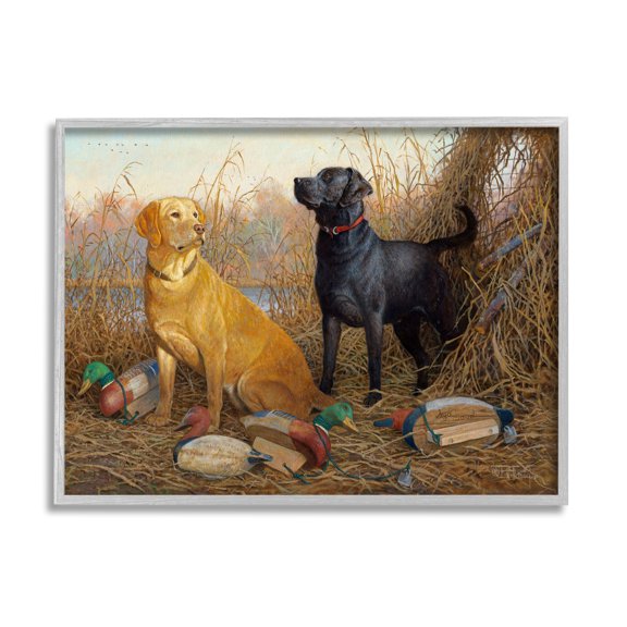 Stupell Industries Hunting Dogs with Decoys Animals & Insects Painting Gray Framed Art Print Wall Art, 30 x 24